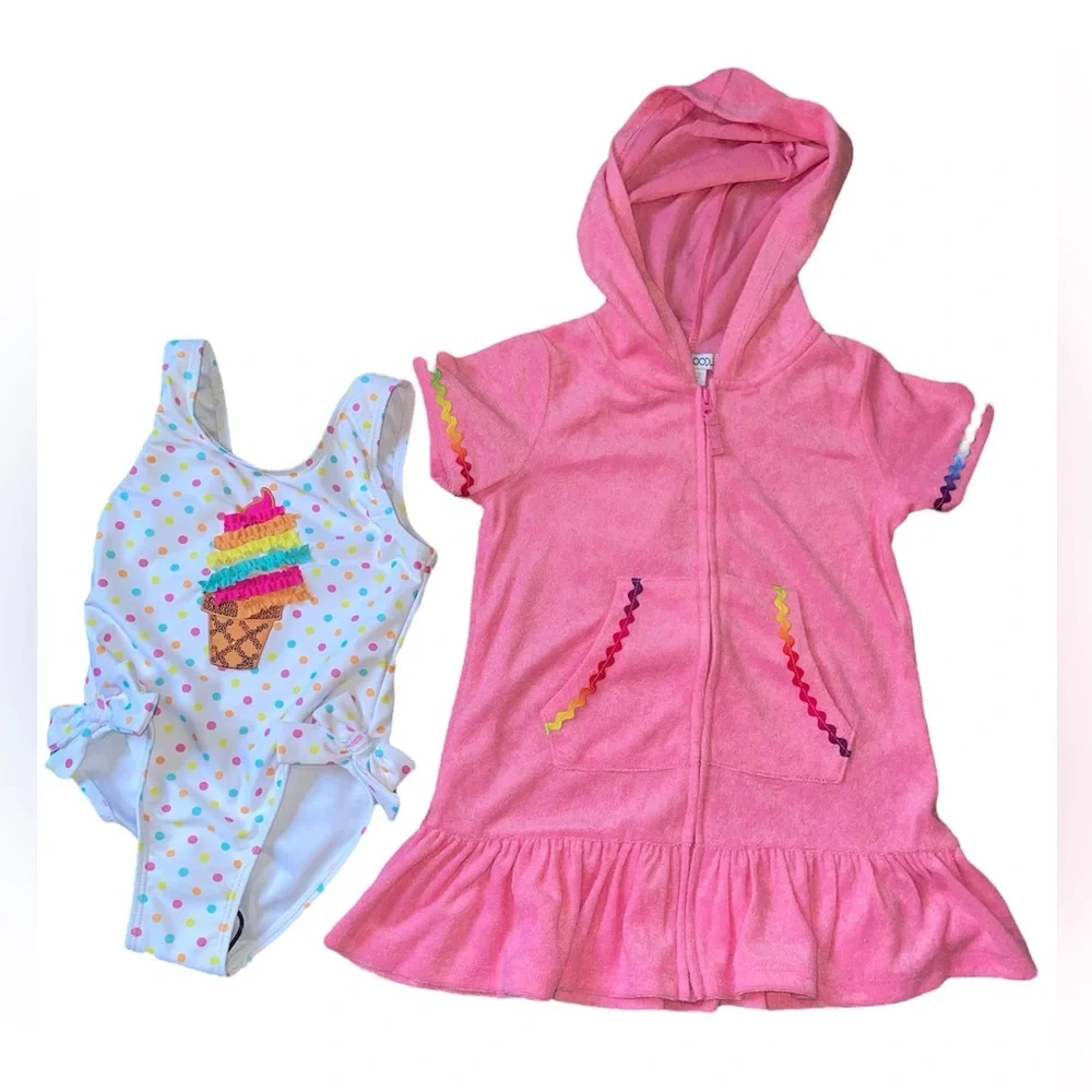 Flapdoodles 2-piece Swim Set Ice Cream Swimsuit and pink cover up